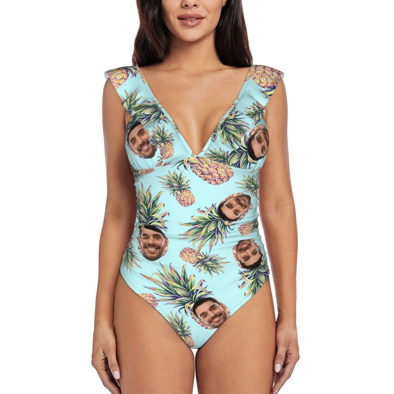 Custom Face Pineapple Print Swimwear Personalized Women's V-Neck Ruffle Bathing Suit One Piece Swimsuit Summer Vacation