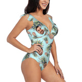 Custom Face Pineapple Print Swimwear Personalized Women's V-Neck Ruffle Bathing Suit One Piece Swimsuit Summer Vacation