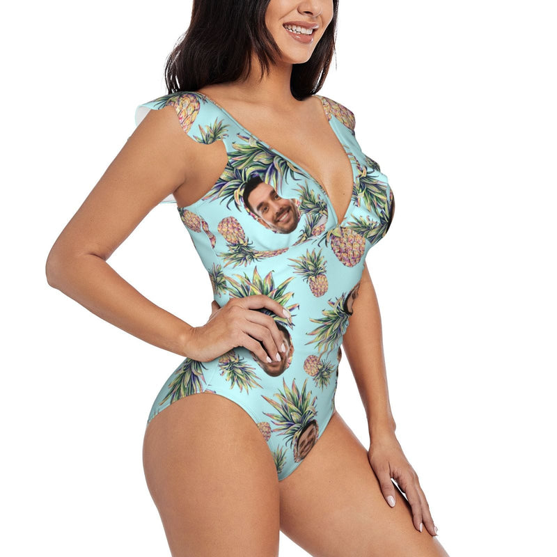 Custom Face Pineapple Print Swimwear Personalized Women's V-Neck Ruffle Bathing Suit One Piece Swimsuit Summer Vacation