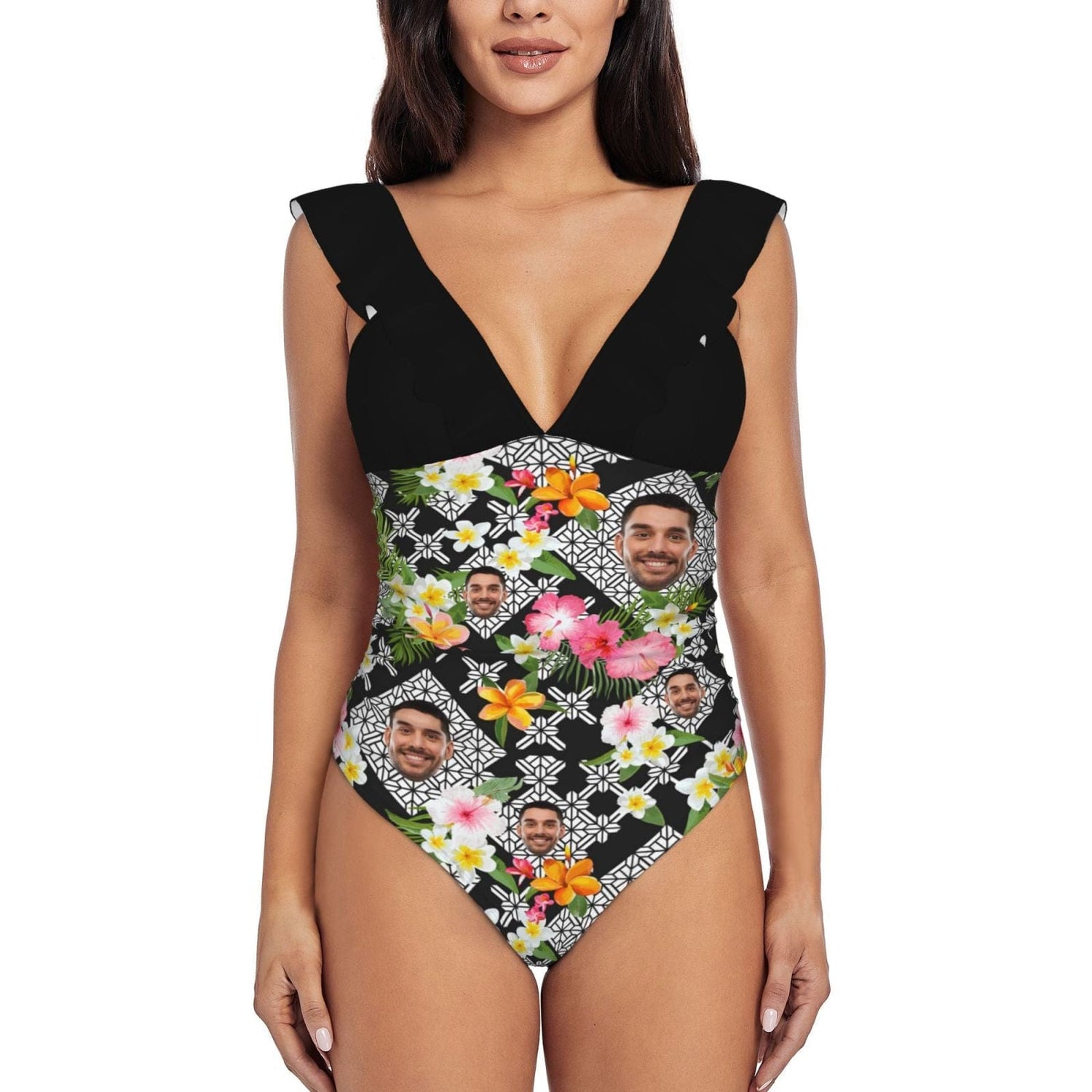 Custom Face Plaid Flowers Swimwear Personalized Women&