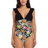 Custom Face Plaid Flowers Swimwear Personalized Women's V-Neck Ruffle Bathing Suit One Piece Swimsuit