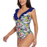 Custom Face Plant Flower Swimwear Personalized Women's V-Neck Ruffle Bathing Suit One Piece Swimsuit