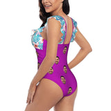 Custom Face Purple Romance Swimwear Personalized Women's V-Neck Ruffle Bathing Suit One Piece Swimsuit