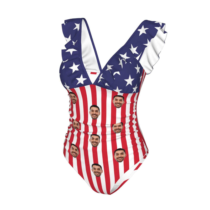 #Flagbathingsuit#Independence Day-Custom Face American Flag Swimwear Personalized Women's V-Neck Ruffle Bathing Suit One Piece Swimsuit