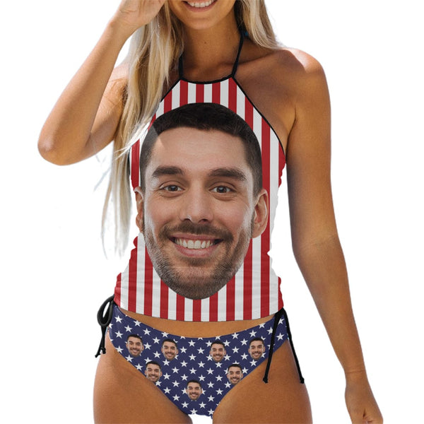 Custom Face American Flag Womens Sexy Halter Tummy Control Swimsuit Tankini Top Sets Fashion Two Piece Bathing Suit with Tie Side