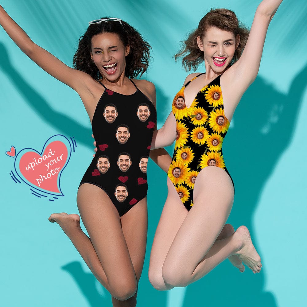 Bestie Party Bathingsuit Custom Face Love Heart Sunflower One Piece Bathing Suit&amp;Backless Swimsuit