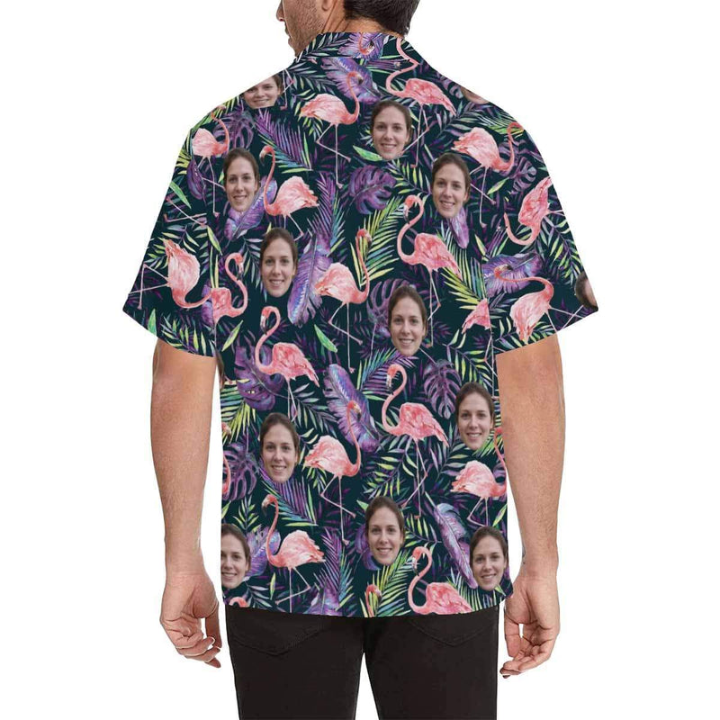 Couple Matching Hawaiian Shirts&Swimsuits with Faces on Them Flamingo Purple Leaf Personalized Hawaiian Shirts Face Aloha Shirt Gift for Him/Her