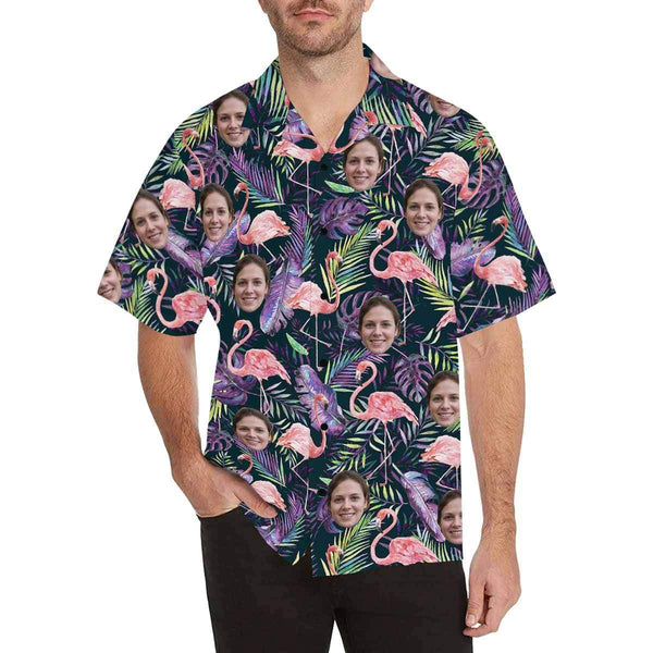 Couple Matching Hawaiian Shirts&Swimsuits with Faces on Them Flamingo Purple Leaf Personalized Hawaiian Shirts Face Aloha Shirt Gift for Him/Her