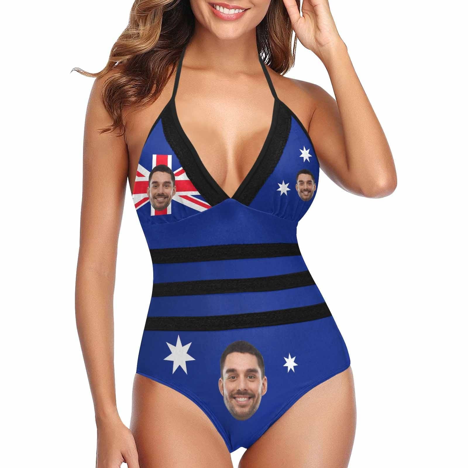 Custom Australia Flag Lace Band Embossing Face Swimsuit Women&