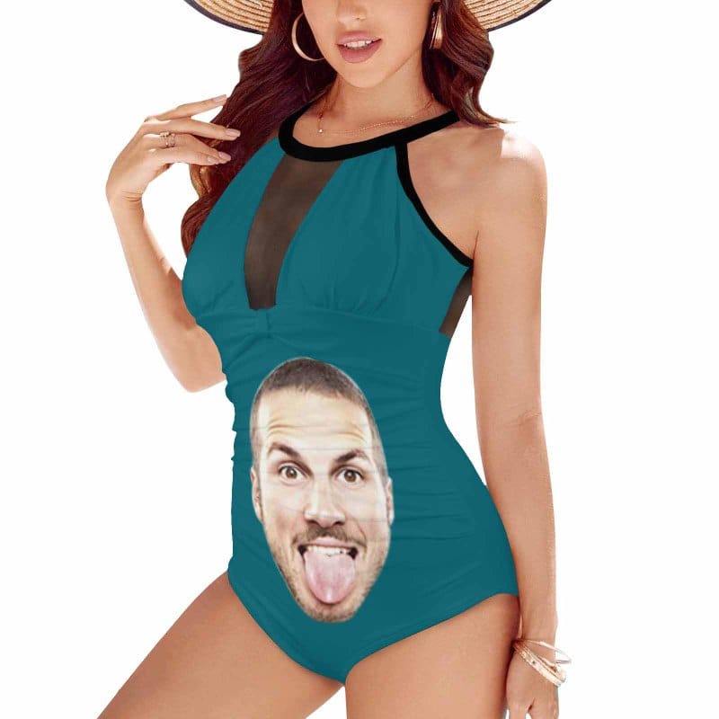 Custom Big Funny Face Women's One Piece Swimsuit High Neck Plunge Mesh Ruched Monokini Swimwear