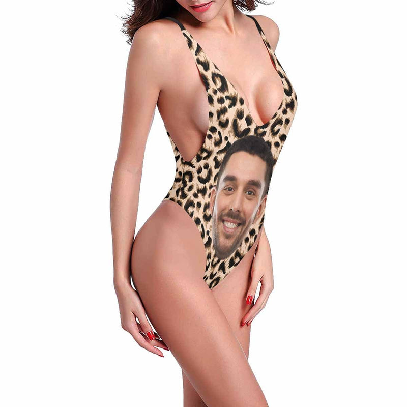 Custom Boyfriend Face Swimsuit Personalized Leopard Women's Halter Straps Backless Bathing Suit Honeymoons For Her