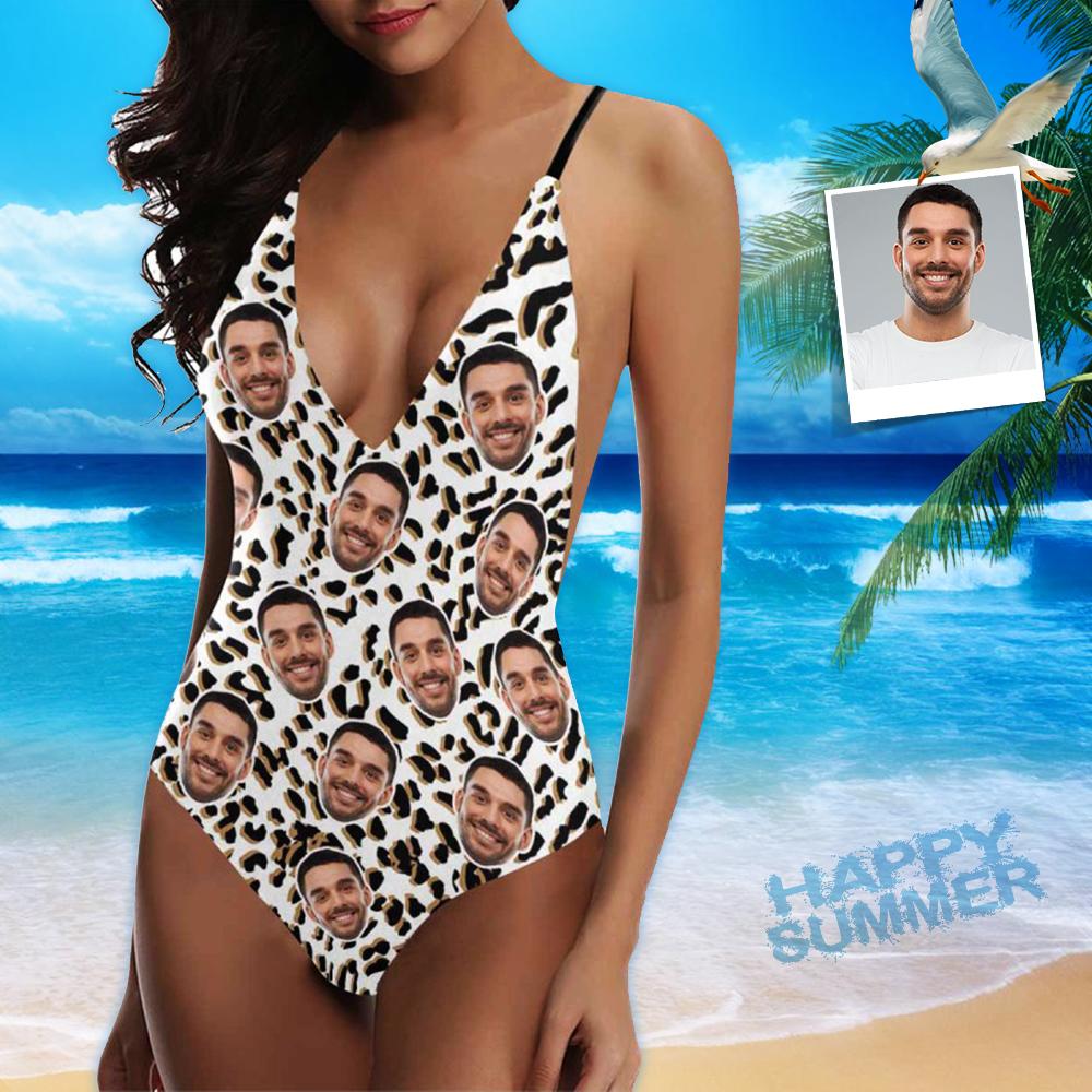 Custom Boyfriend/Husband Face Swimsuit Leopard Personalized Women&