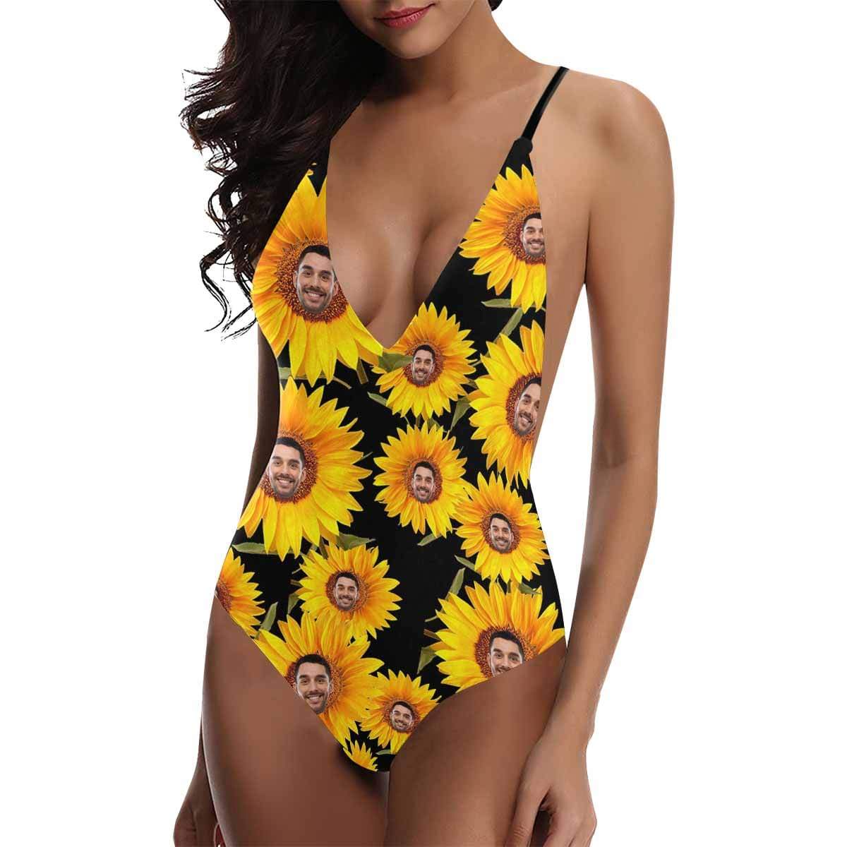 Custom Boyfriend/Husband Face Swimsuit Personalized Sunflower Women&