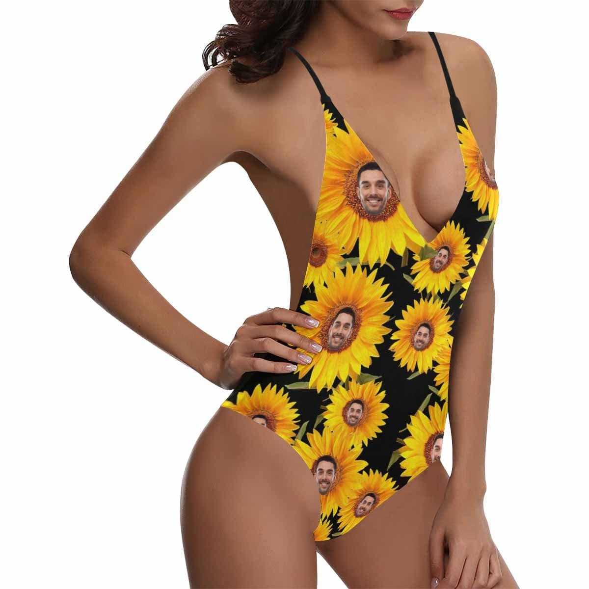 Custom Boyfriend/Husband Face Swimsuit Personalized Sunflower Women&