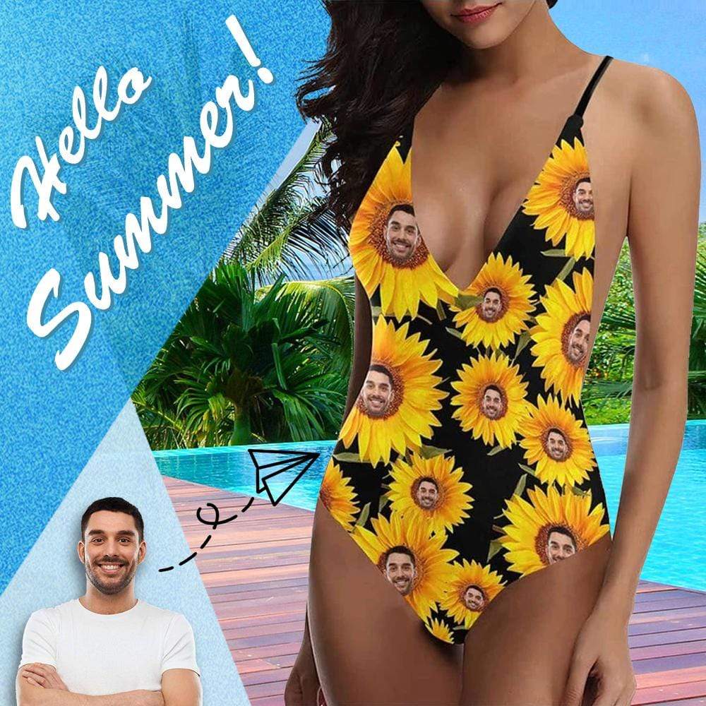 Custom Boyfriend/Husband Face Swimsuit Personalized Sunflower Women&