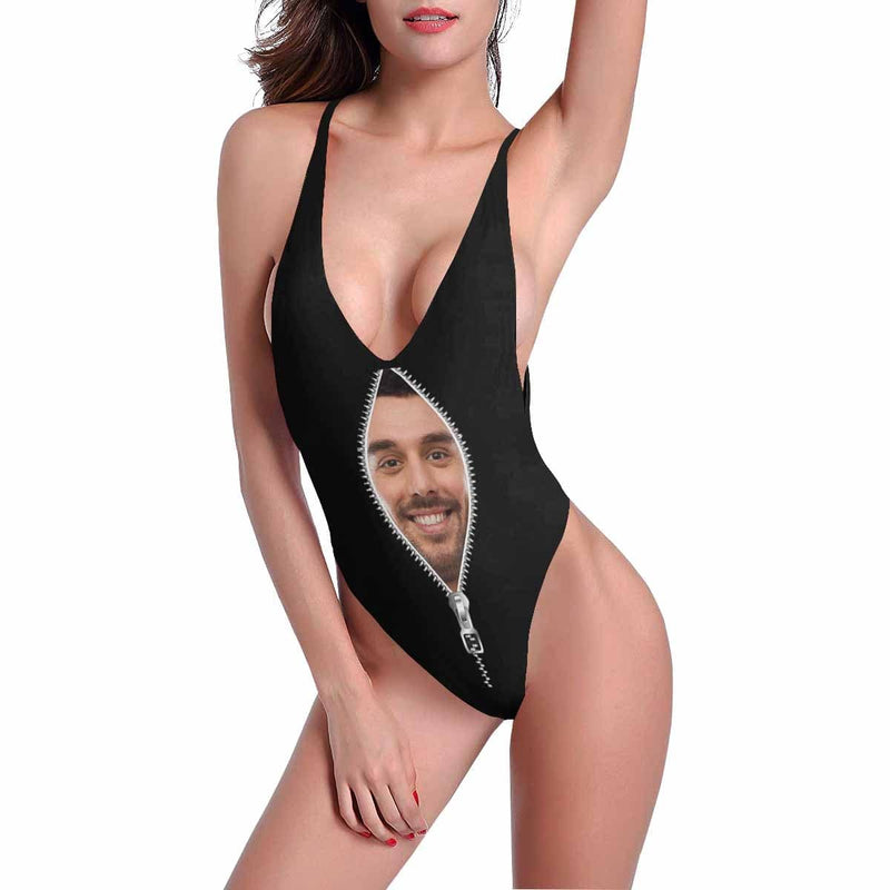 Custom Boyfriend/Husband Face Swimsuit Personalized Zipper Women's Halter Straps Backless Bathing Suits Honeymoons For Her