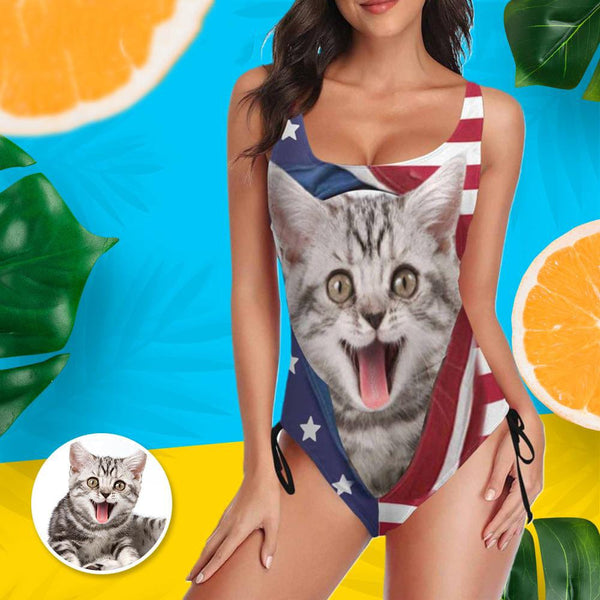 Custom Cat Photo Swimsuit Personalized Women's New Drawstring Side One Piece Bathing Suit Gift Party