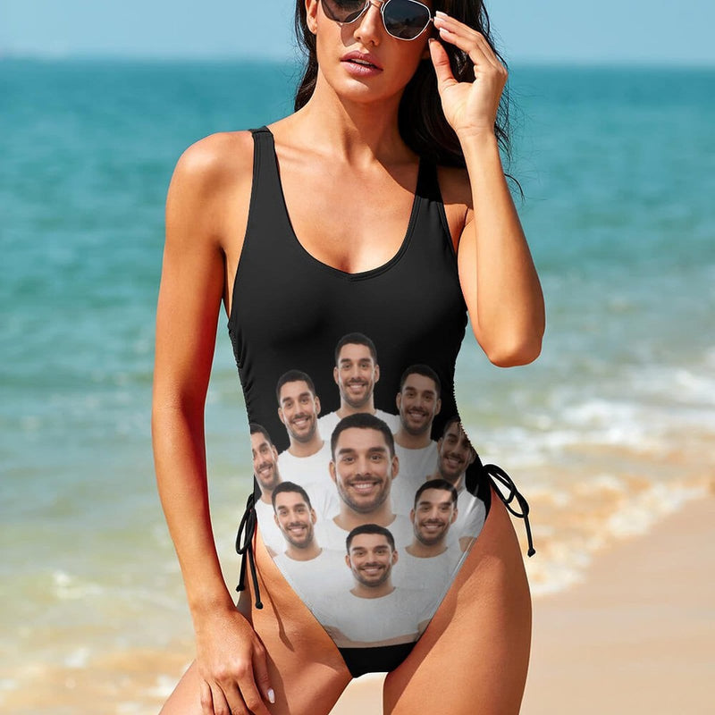 Custom Face All About U Swimsuits Personalized Women's New Drawstring Side One Piece Bathing Suit Honeymoons Bridesmaid Party