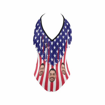 Custom Face American Flag One Piece Fringe Swimsuit Personalized Women&