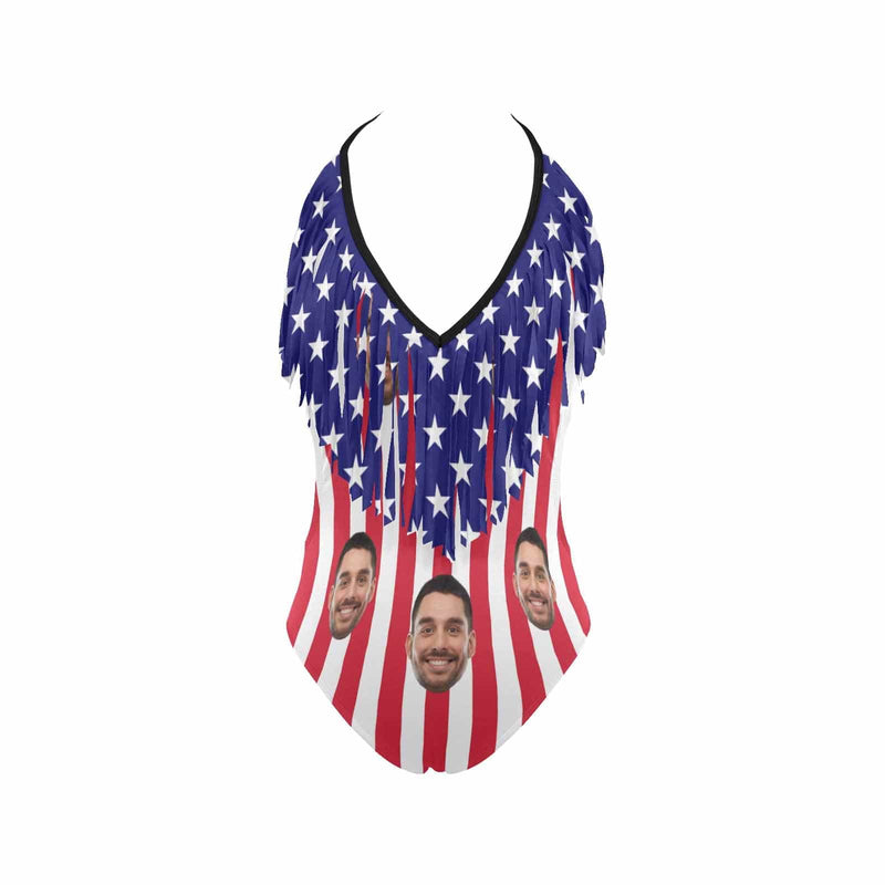 Custom Face American Flag One Piece Fringe Swimsuit Personalized Women's Bathing Suit