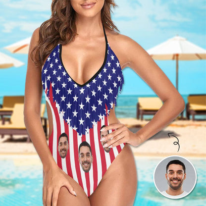 Custom Face American Flag One Piece Fringe Swimsuit Personalized Women&