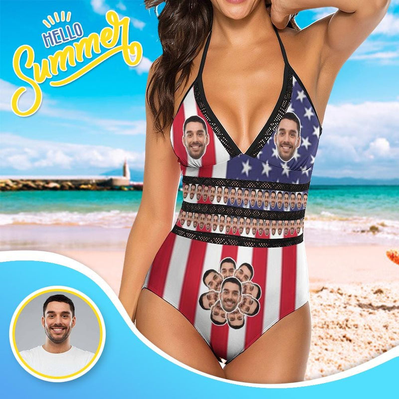 Custom Face American Flag Swimsuit Personalized Women's New Strap One Piece Bathing Suit Birthday Gift Bachelorette Party