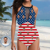 Custom Face American Flag Women's One Piece Swimsuit High Neck Plunge Mesh Ruched Monokini Swimwear