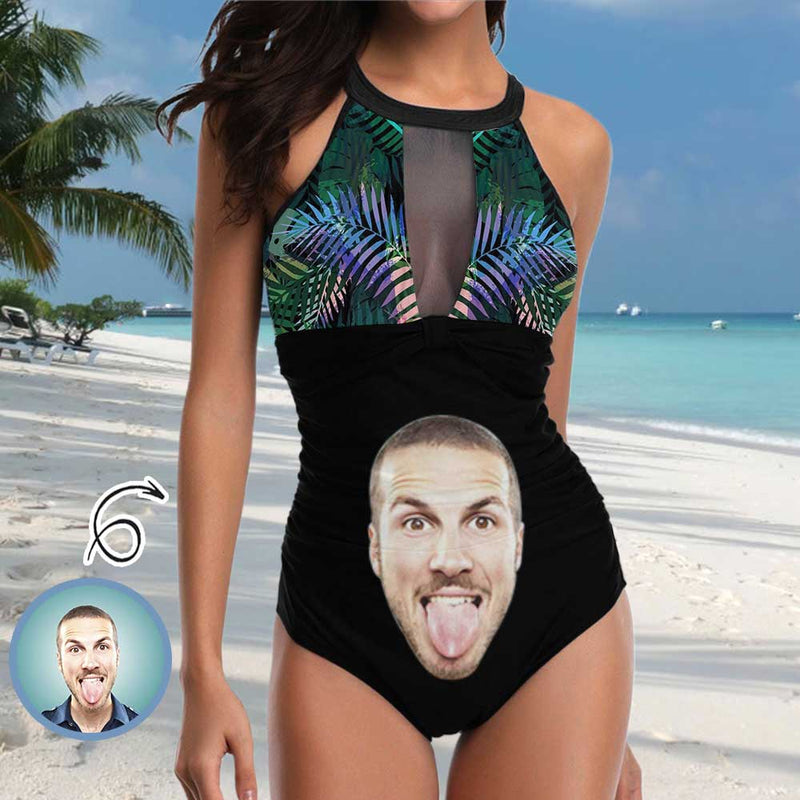 Custom Face Black Leaves Women's One Piece Swimsuit High Neck Plunge Mesh Ruched Monokini Swimwear