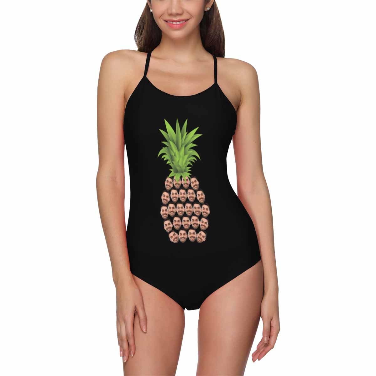 Custom Face Black Pineapple Swimsuit Personalized Women&