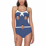 Custom Face Blue&White Swimsuit Personalized Women's Slip One Piece Bathing Suit Funny Gift Idea