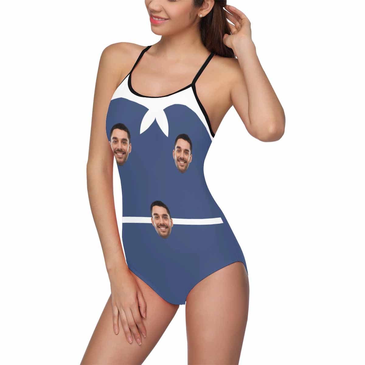 Custom Face Blue&amp;White Swimsuit Personalized Women&