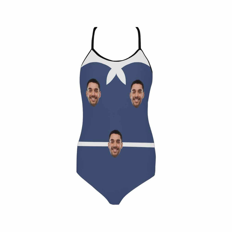 Custom Face Blue&White Swimsuit Personalized Women's Slip One Piece Bathing Suit Funny Gift Idea