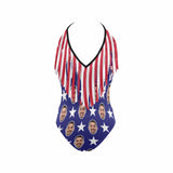 Custom Face Flag Pentagram One Piece Fringe Swimsuit Personalized Women's Bathing Suit