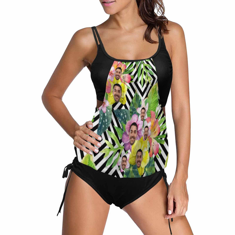 Custom Face Flowers Swimsuit Personalized Womens Tankini Top Sets Bikini Two Piece Bathing Suit