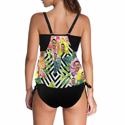 Custom Face Flowers Swimsuit Personalized Womens Tankini Top Sets Bikini Two Piece Bathing Suit