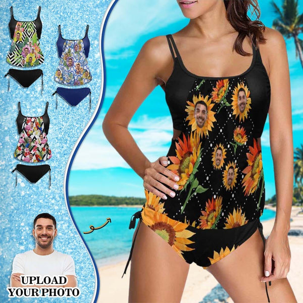 Custom Face Flowers Swimsuit Personalized Womens Tankini Top Sets Bikini Two Piece Bathing Suit
