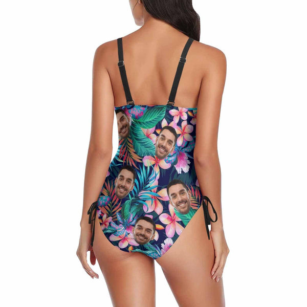 Custom Face Fresh Flowers Swimsuits Personalized Women's New Drawstring Side One Piece Bathing Suit Holiday Party