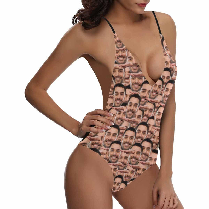 Custom Face Funny Gesture Swimsuits Personalized Women's Lacing Backless One-Piece Bathing SuitHoneymoons For Her