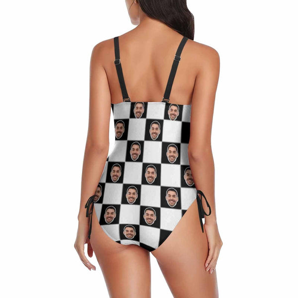 Custom Face Grid Swimsuit Personalized Women's New Drawstring Side One Piece Bathing Suit Birthday Gift For Her