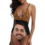 Custom Face Leopard Black Women's Lacing Backless One-Piece Swimsuit