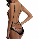 Custom Face Leopard Black Women's Lacing Backless One-Piece Swimsuit