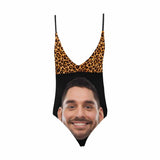 Custom Face Leopard Black Women's Lacing Backless One-Piece Swimsuit