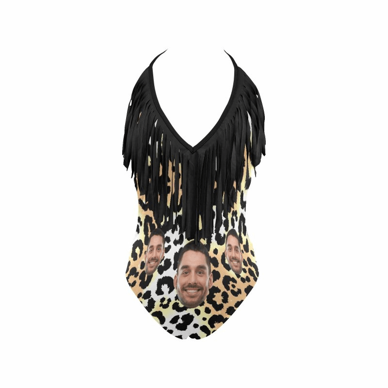 Custom Face Leopard Print Women's Fringe One Piece Swimsuit Personalized Bathing Suit for Her