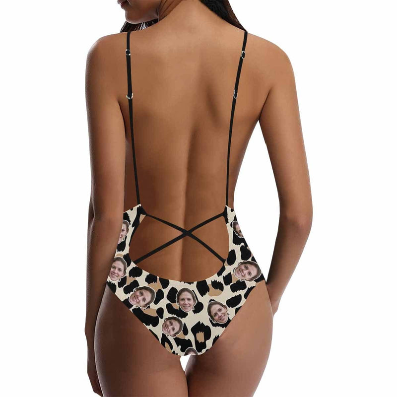 Custom Face Leopard Print Women's Lacing Backless One-Piece Swimsuit