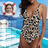 Custom Face Leopard Print Women's Lacing Backless One-Piece Swimsuit