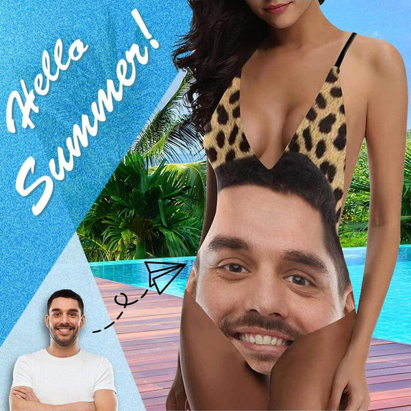 Custom Face Leopard Sexy Swimsuit Personalized Women's Lacing Backless One-Piece Swimsuit Bathing?Suit Honeymoons Girlfriend Gift
