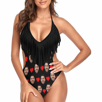 Custom Face Love Heart Black One Piece Fringe Swimsuit Personalized Women&