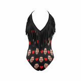 Custom Face Love Heart Black One Piece Fringe Swimsuit Personalized Women's Bathing Suit