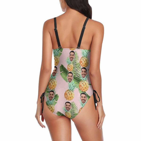 Custom Face Pineapple Pattern Swimsuit Personalized Women's New Drawstring Side One Piece Bathing Suit Honeymoons For Her