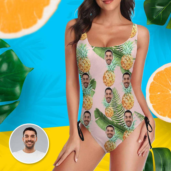 Custom Face Pineapple Pattern Swimsuit Personalized Women's New Drawstring Side One Piece Bathing Suit Honeymoons For Her